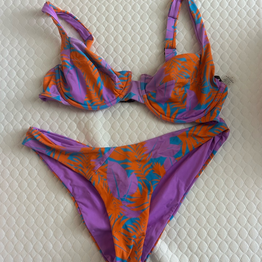 Purple, Orange & Teal Tropical Print Bikini Set